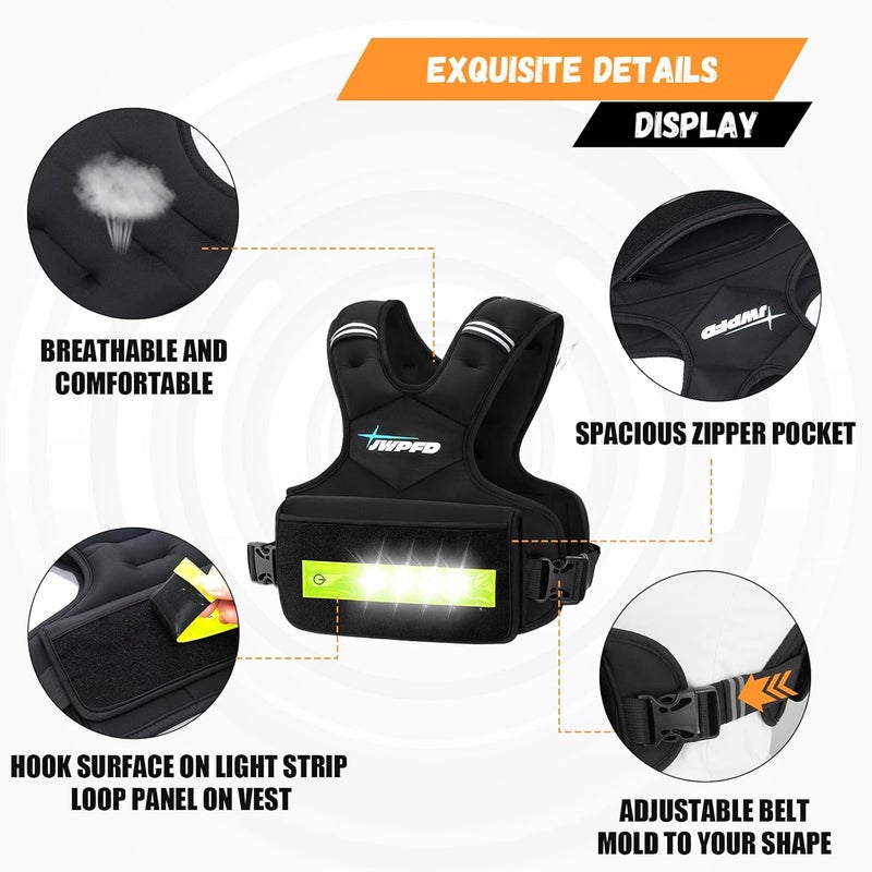 JWPFD Adjustable Weighted Vest for Women Men, 6-15 Lbs/12-18 Lbs Rucking Vest with LED Light Strips, Weight Vest with 6 Ironsand Weights, and Zipper Pocket for Strength Training, Walking, Running - Image 4